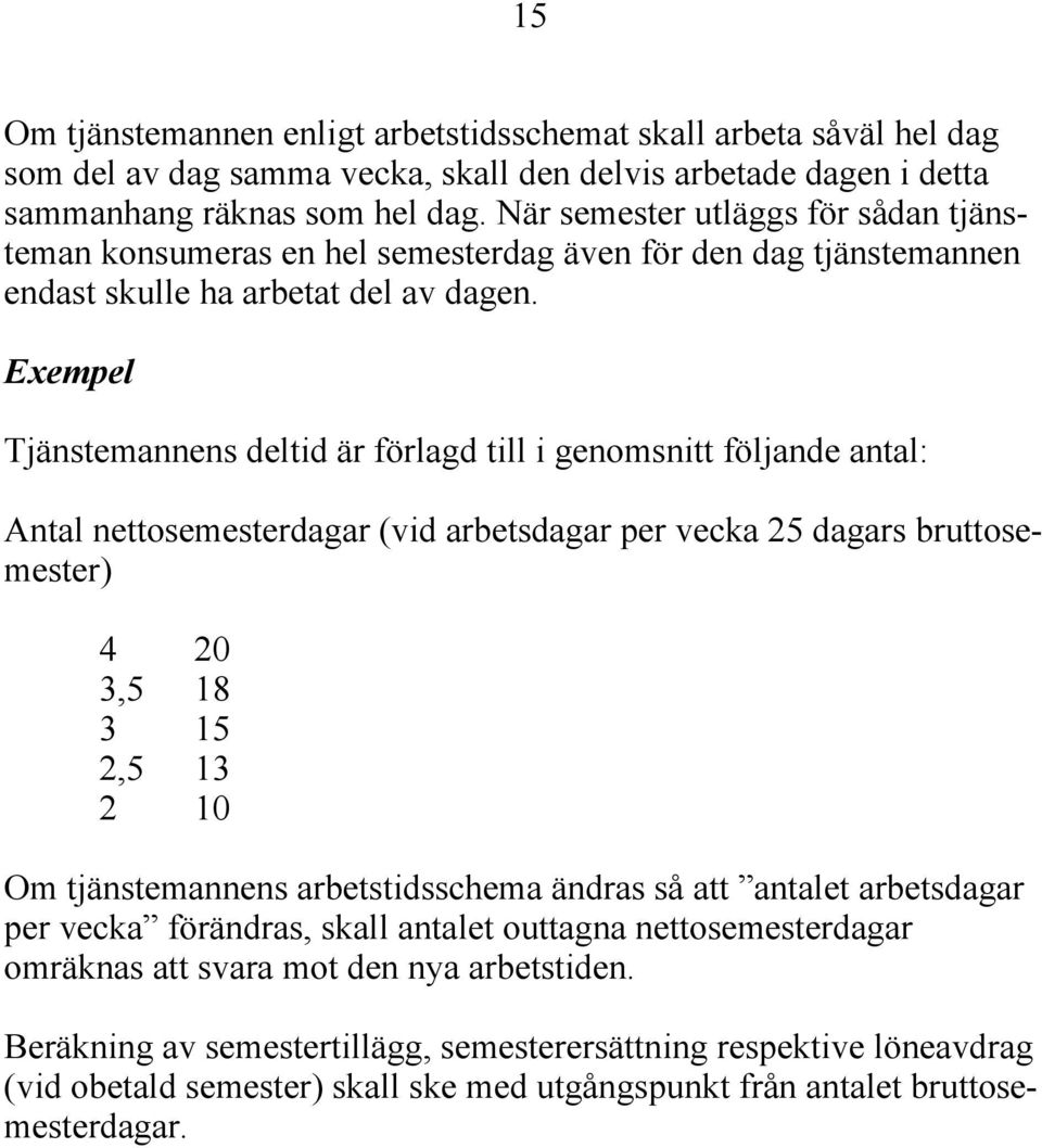 Exempel Tjänstemannens deltid är förlagd till i genomsnitt följande antal: Antal nettosemesterdagar (vid arbetsdagar per vecka 25 dagars bruttosemester) 4 20 3,5 18 3 15 2,5 13 2 10 Om tjänstemannens