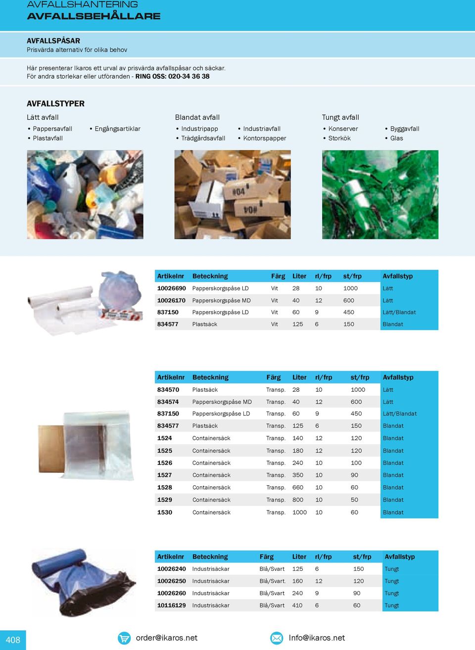 Kontorspapper Färg Konserver Storkök Liter rl/frp st/frp Byggavfall Glas Avfallstyp 10026690 Papperskorgspåse LD Vit 28 10 1000 Lätt 10026170 Papperskorgspåse MD Vit 40 12 600 Lätt 837150