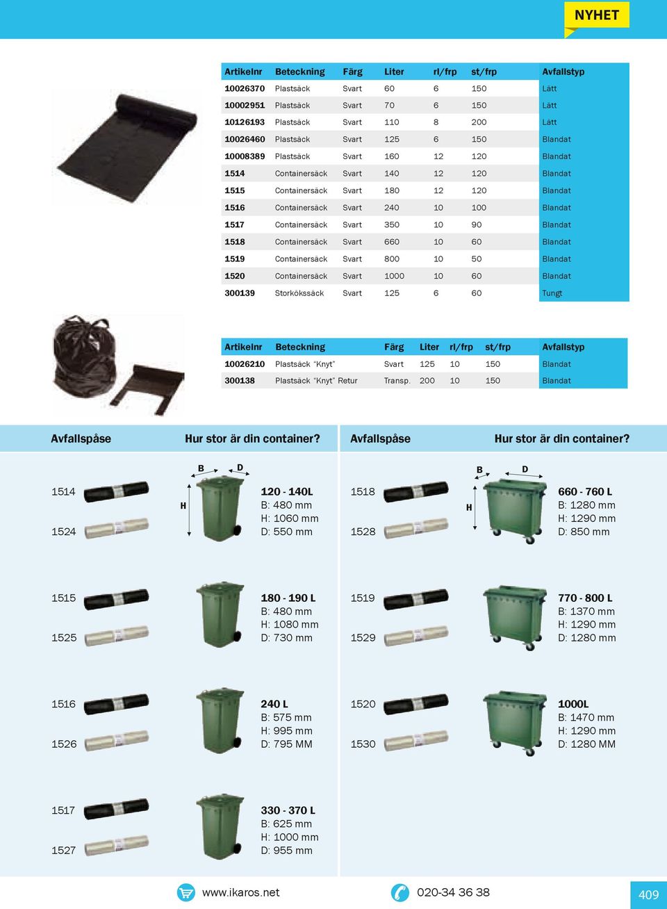 1519 Containersäck 800 10 50 1520 Containersäck 1000 10 60 300139 Storkökssäck 125 6 60 Tungt Färg Liter rl/frp st/frp Avfallstyp 10026210 Plastsäck Knyt 125 10 150 300138 Plastsäck Knyt Retur Transp.