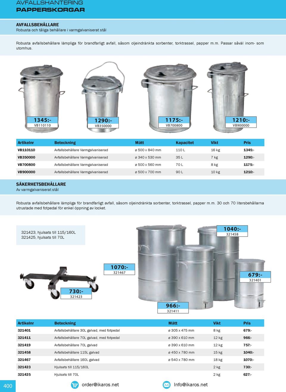 1345:- 1175:- 1290:- VB110110 1210:- VB700800 VB350000 VB900000 Kapacitet VB110110 Avfallsbehållare Varmgalvaniserad ø 500 x 840 mm 110 L 16 kg 1345:- VB350000 Avfallsbehållare Varmgalvaniserad ø 340