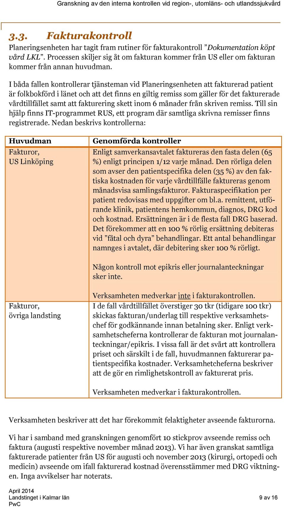 I båda fallen kontrollerar tjänsteman vid Planeringsenheten att fakturerad patient är folkbokförd i länet och att det finns en giltig remiss som gäller för det fakturerade vårdtillfället samt att