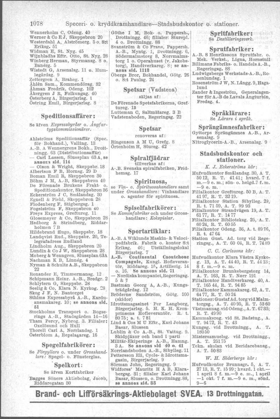 102 Åkergren J R, Folkungag. 40 Österberg A, Birgerjarlsg. 1 östrinz Emil, Birgerjarlsg. 8 Speditionsaffärer: Se äfven Expressbyråer o. Ångra,', tygskommissionä, er. Ahlströms Speditionsaffär (Spec.