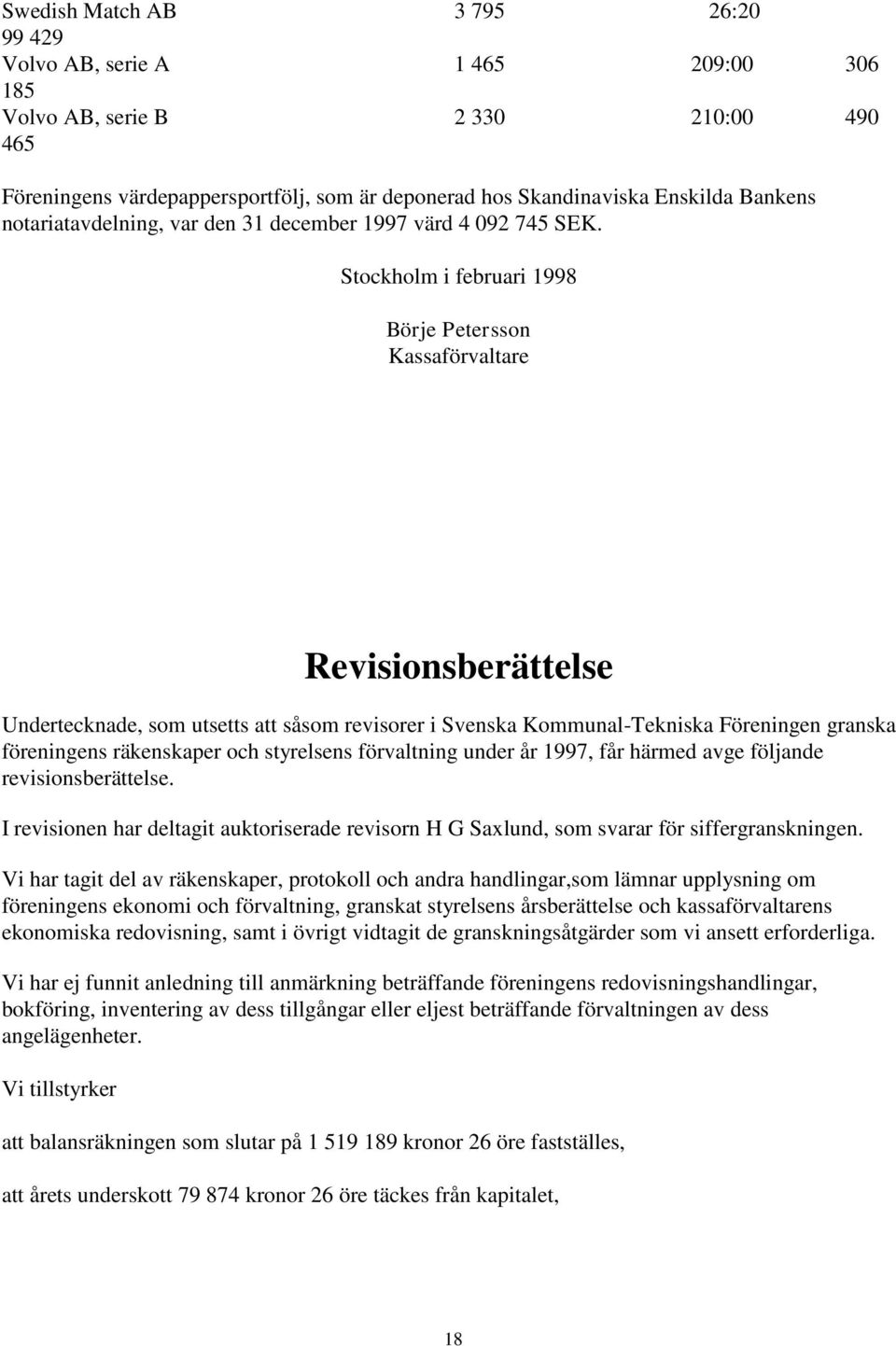 Stockholm i februari 1998 Börje Petersson Kassaförvaltare Revisionsberättelse Undertecknade, som utsetts att såsom revisorer i Svenska Kommunal-Tekniska Föreningen granska föreningens räkenskaper och