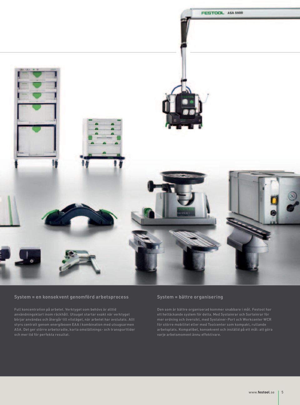 Det ger större arbetsradie, korta omställnings- och transporttider och mer tid för perfekta resultat. Den som är bättre organiserad kommer snabbare i mål. Festool har ett heltäckande system för detta.