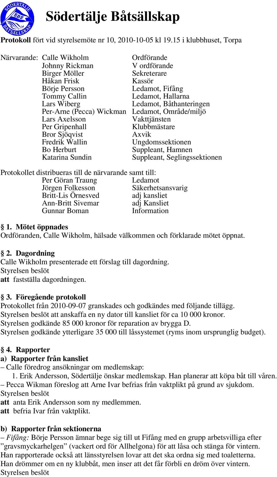 Wiberg Ledamot, Båthanteringen Per-Arne (Pecca) Wickman Ledamot, Område/miljö Lars Axelsson Vakttjänsten Per Gripenhall Klubbmästare Bror Sjöqvist Axvik Fredrik Wallin Ungdomssektionen Bo Herburt
