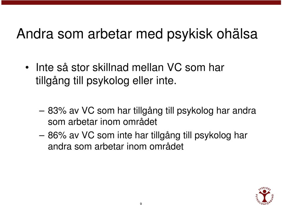 83% av VC som har tillgång till psykolog har andra som arbetar inom