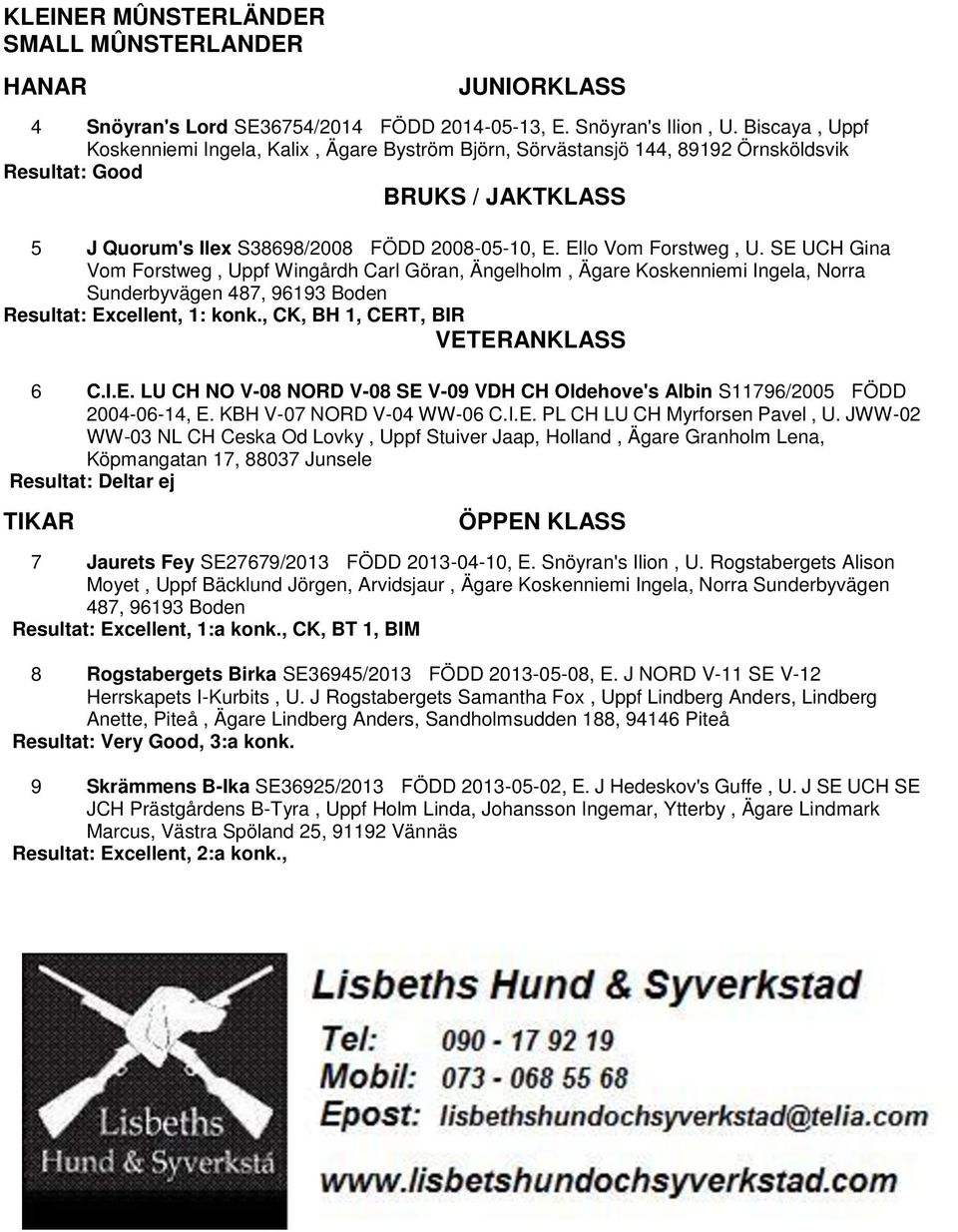 Ello Vom Forstweg, U. SE UCH Gina Vom Forstweg, Uppf Wingårdh Carl Göran, Ängelholm, Ägare Koskenniemi Ingela, Norra Sunderbyvägen 487, 96193 Boden Resultat: Excellent, 1: konk.