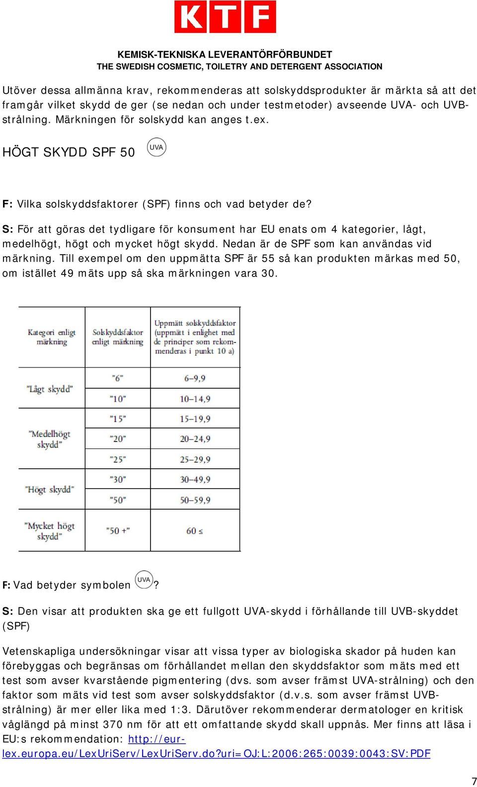 S: För att göras det tydligare för konsument har EU enats om 4 kategorier, lågt, medelhögt, högt och mycket högt skydd. Nedan är de SPF som kan användas vid märkning.