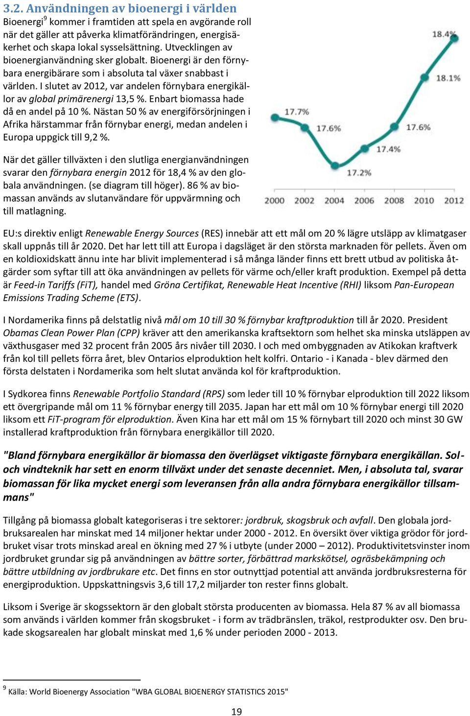 I slutet av 2012, var andelen förnybara energikällor av global primärenergi 13,5 %. Enbart biomassa hade då en andel på 10 %.