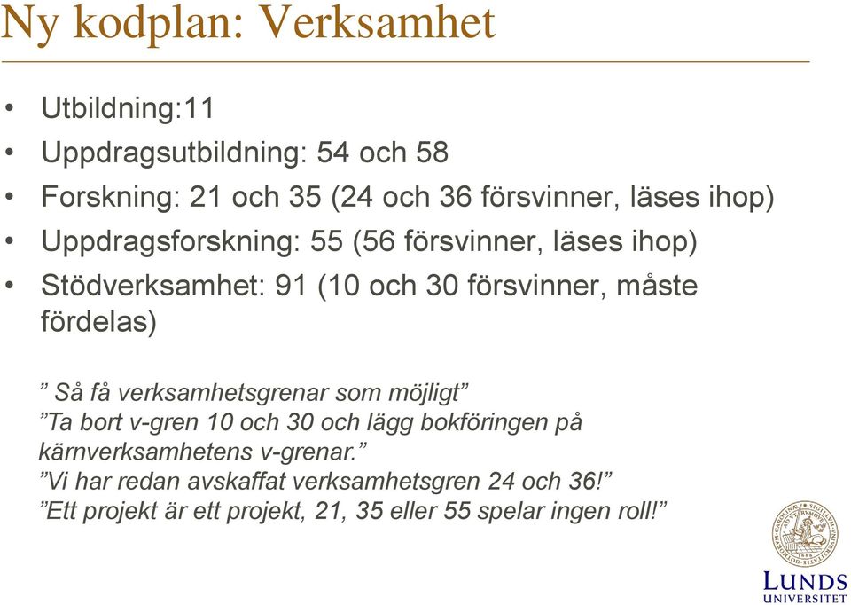 fördelas) Så få verksamhetsgrenar som möjligt Ta bort v-gren 10 och 30 och lägg bokföringen på kärnverksamhetens