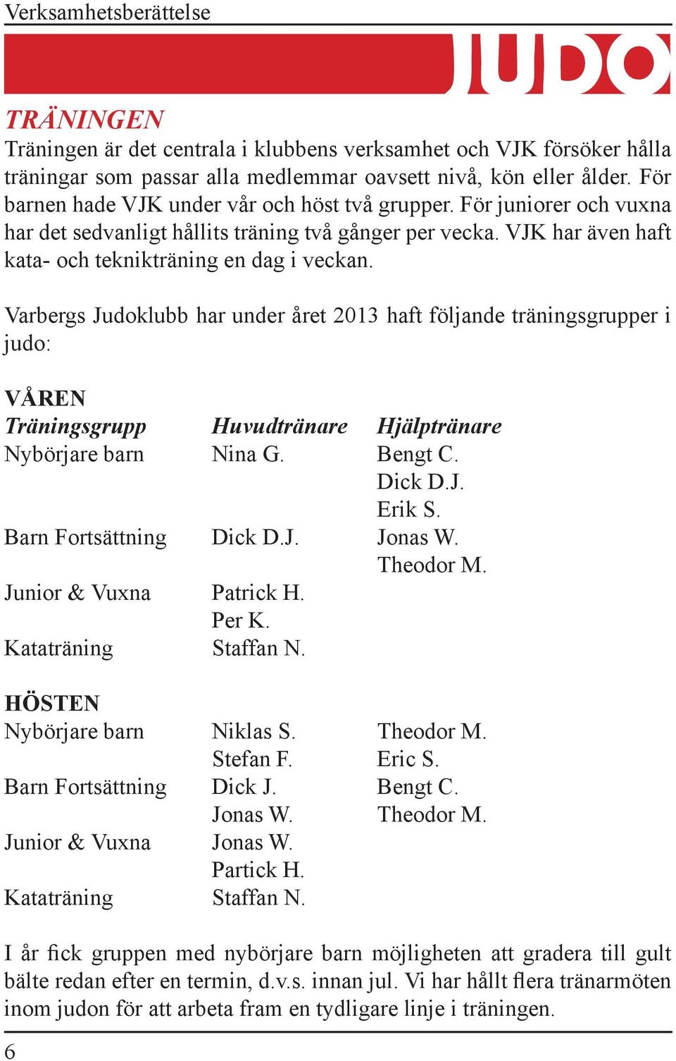 Varbergs Judoklubb har under året 2013 haft följande träningsgrupper i judo: VÅREN Träningsgrupp Huvudtränare Hjälptränare Nybörjare barn Nina G. Bengt C. Dick D.J. Erik S. Barn Fortsättning Dick D.J. Jonas W.