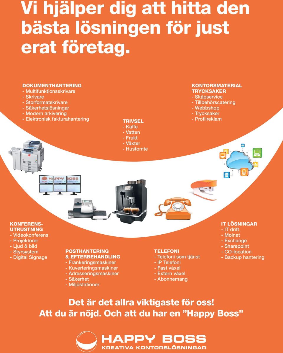 KONTORSMATERIAL TRYCKSAKER - Skåpservice - Tillbehörscatering - Webbshop - Trycksaker - Profilreklam KONFERENS- UTRUSTNING - Videokonferens - Projektorer - Ljud & bild - Styrsystem - Digital Signage
