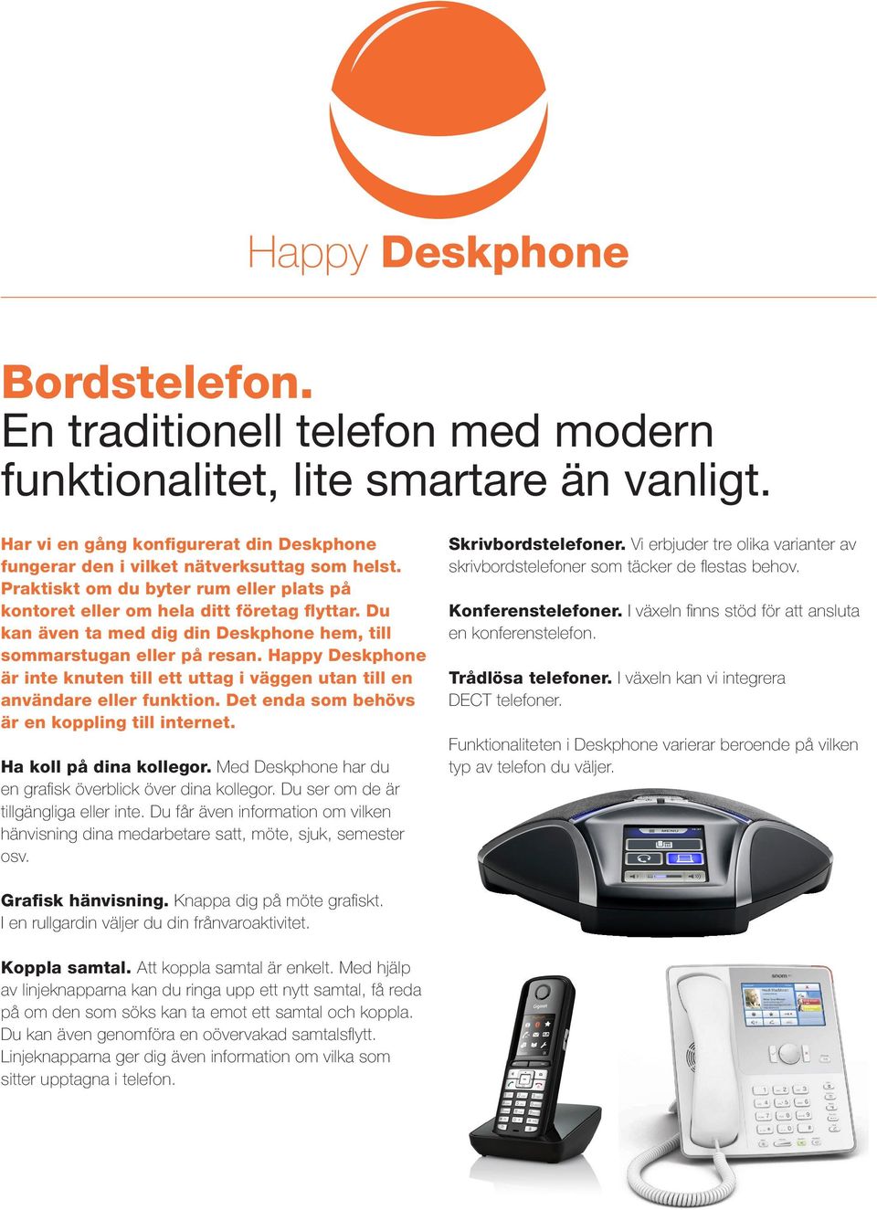 Happy Deskphone är inte knuten till ett uttag i väggen utan till en användare eller funktion. Det enda som behövs är en koppling till internet. Ha koll på dina kollegor.