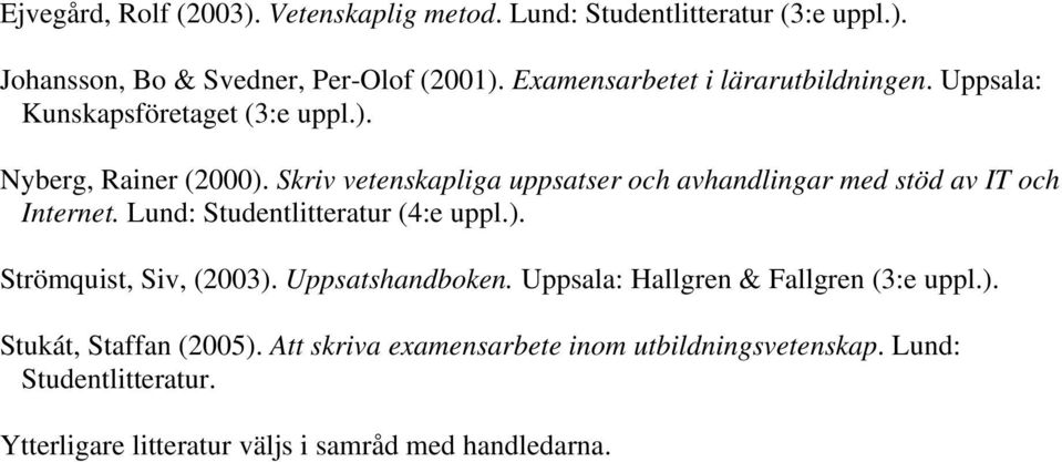 Skriv vetenskapliga uppsatser och avhandlingar med stöd av IT och Internet. Lund: Studentlitteratur (4:e uppl.). Strömquist, Siv, (2003).