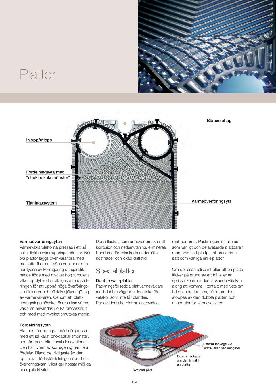 När två plattor läggs över varandra med motsatta fiskbensmönster skapar den här typen av korrugering ett spiralliknande flöde med mycket hög turbulens, vilket uppfyller den viktigaste förutsättningen