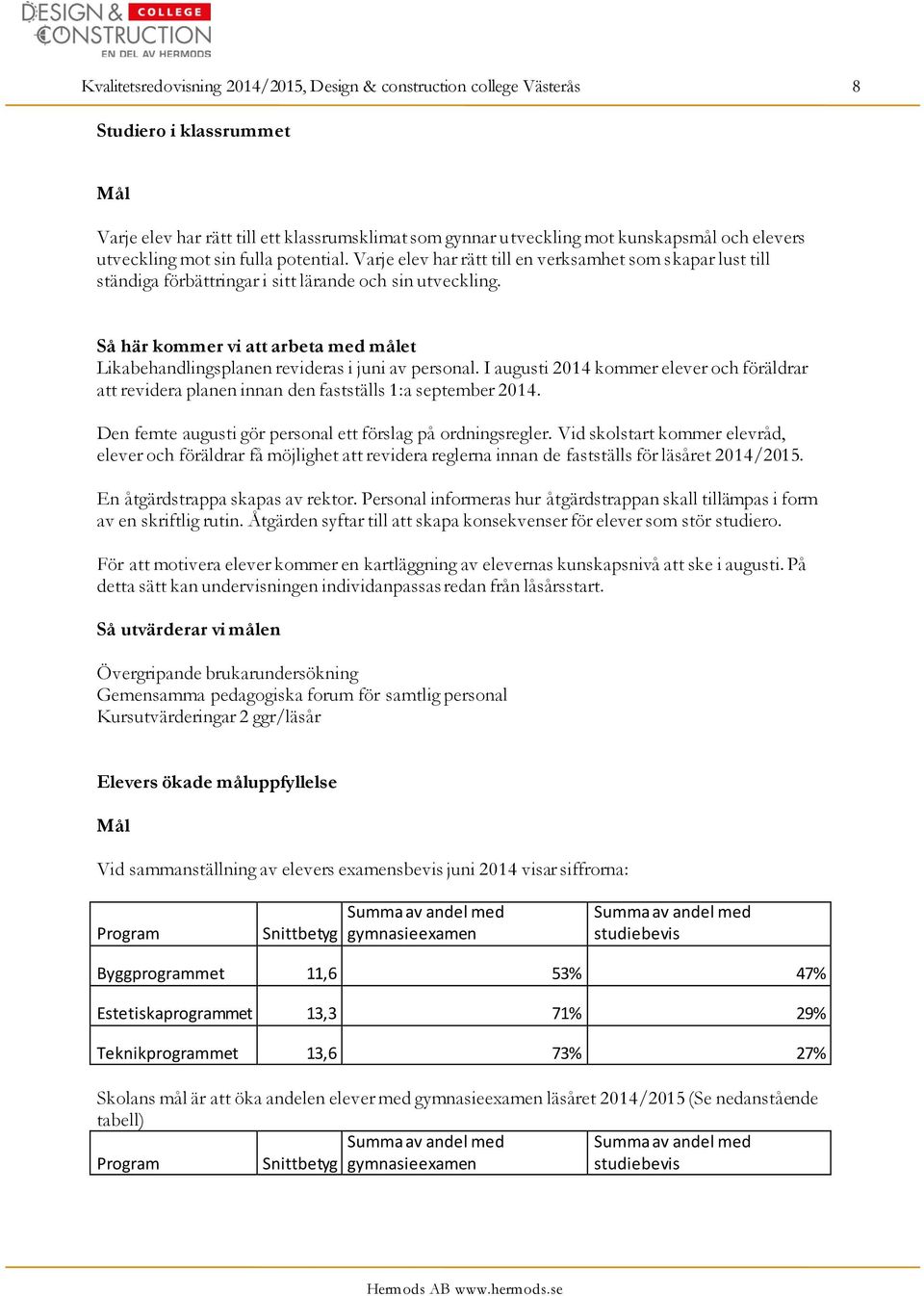 Så här kommer vi att arbeta med målet Likabehandlingsplanen revideras i juni av personal. I augusti 2014 kommer elever och föräldrar att revidera planen innan den fastställs 1:a september 2014.