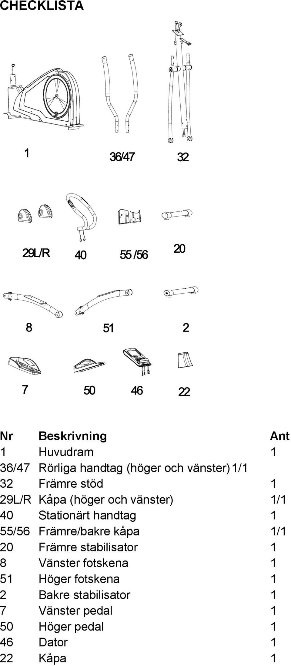 55/56 Främre/bakre kåpa 1/1 20 Främre stabilisator 1 8 Vänster fotskena 1 51 Höger