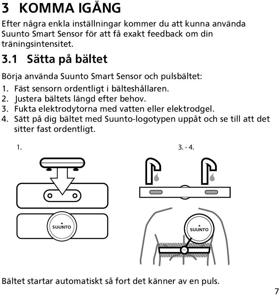 2. Justera bältets längd efter behov. 3. Fukta elektrodytorna med vatten eller elektrodgel. 4.