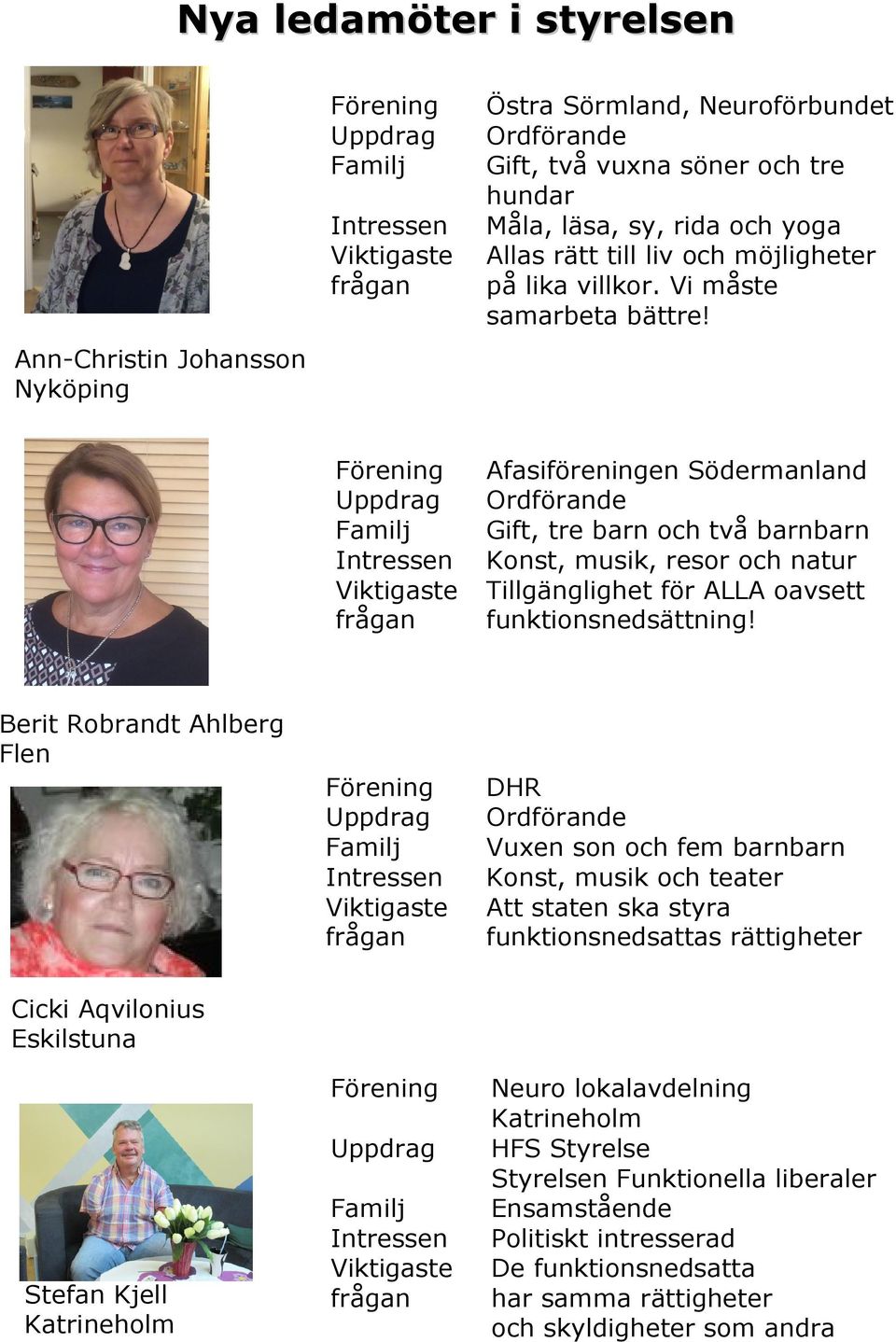 Förening Afasiföreningen Södermanland Uppdrag Ordförande Familj Gift, tre barn och två barnbarn Intressen Konst, musik, resor och natur Viktigaste Tillgänglighet för ALLA oavsett frågan