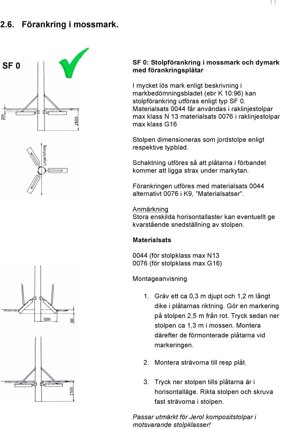 Materialsats 0044 får användas i raklinjestolpar max klass N 13 materialsats 0076 i raklinjestolpar max klass G16 Stolpen dimensioneras som jordstolpe enligt respektive typblad.