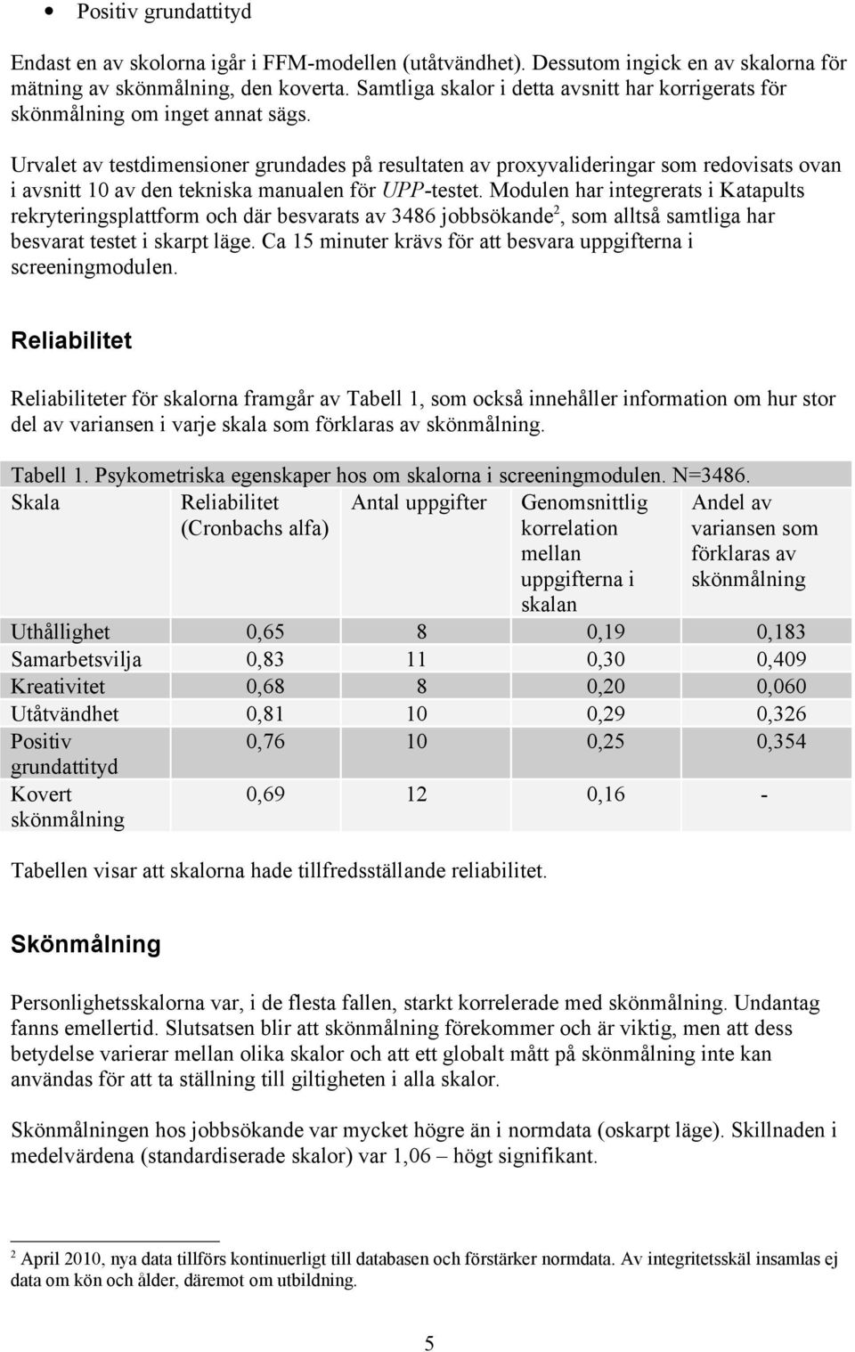 Urvalet av testdimensioner grundades på resultaten av proxyvalideringar som redovisats ovan i avsnitt 10 av den tekniska manualen för UPP-testet.