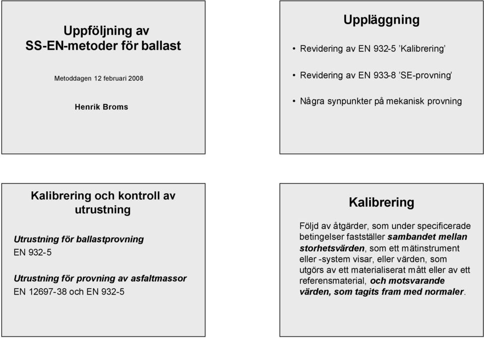 asfaltmassor EN 12697-38 och EN 932-5 Kalibrering Följd av åtgärder, som under specificerade betingelser fastställer sambandet mellan storhetsvärden, som ett