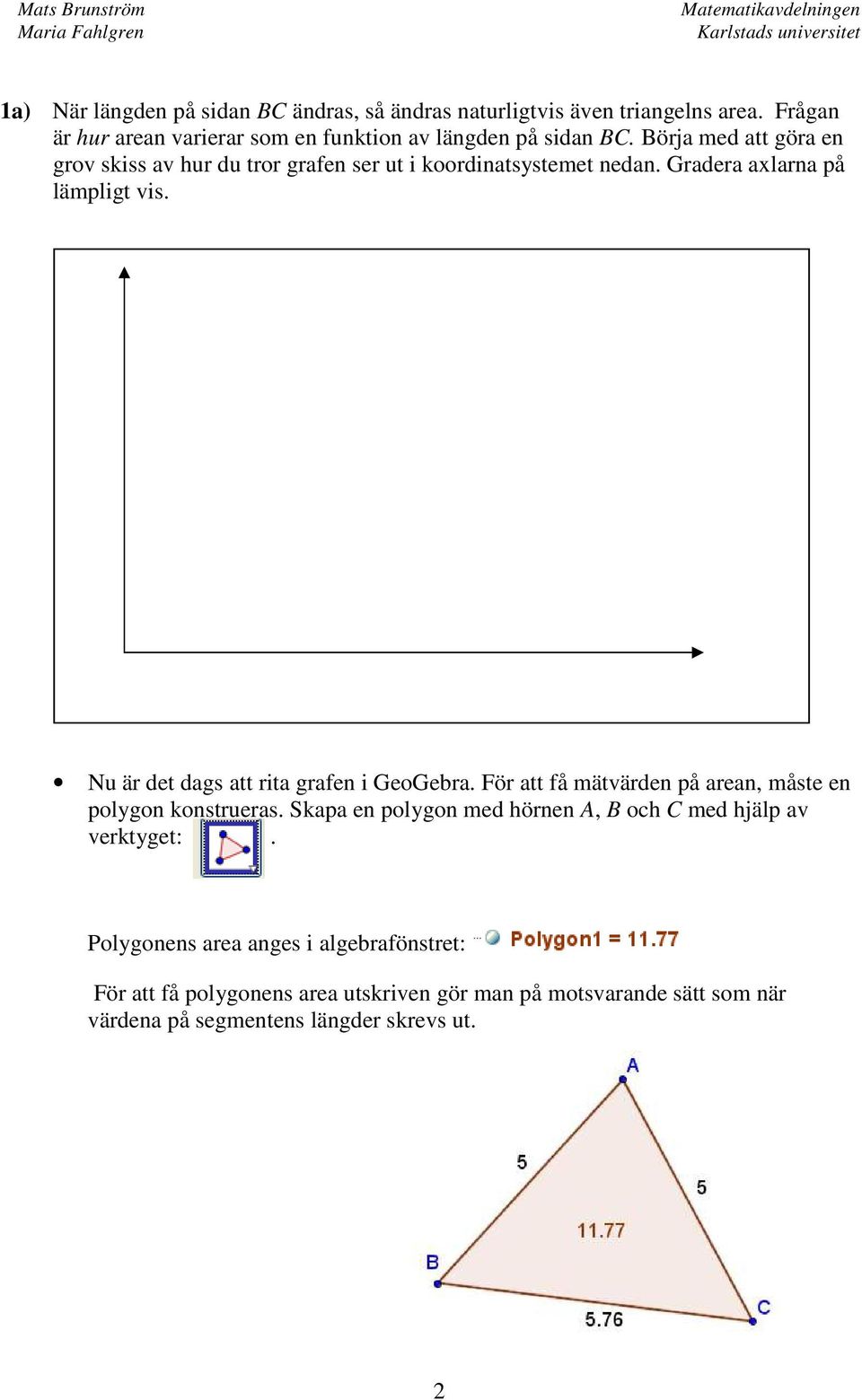 Nu är det dags att rita grafen i GeoGebra. För att få mätvärden på arean, måste en polygon konstrueras.