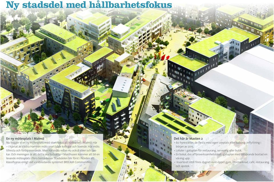 Stadsdelen blir först i Norden att klassificeras enligt det världsledande systemet BREEAM Communities. Det här är Masten 2 60 hyresrätter, de flesta med egen uteplats eller balkong.