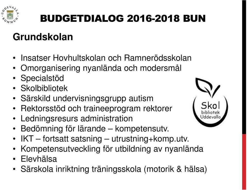 Ledningsresurs administration Bedömning för lärande kompetensutv. IKT fortsatt satsning utrustning+komp.