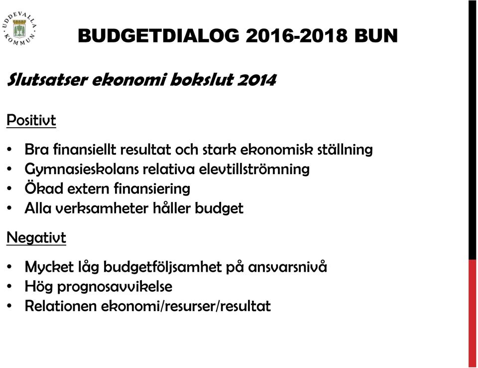 finansiering Alla verksamheter håller budget Negativt Mycket låg