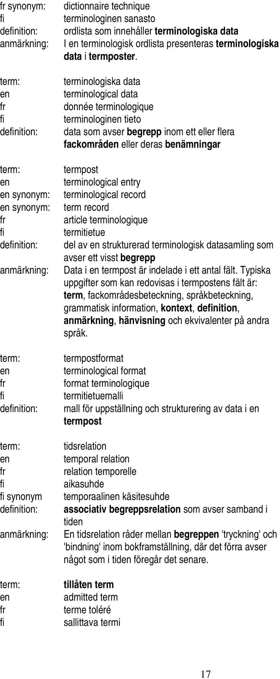 terminologiska data terminological data donnée terminologique terminologin tieto data som avser begrepp inom ett eller flera fackområd eller deras bämningar termpost terminological try terminological