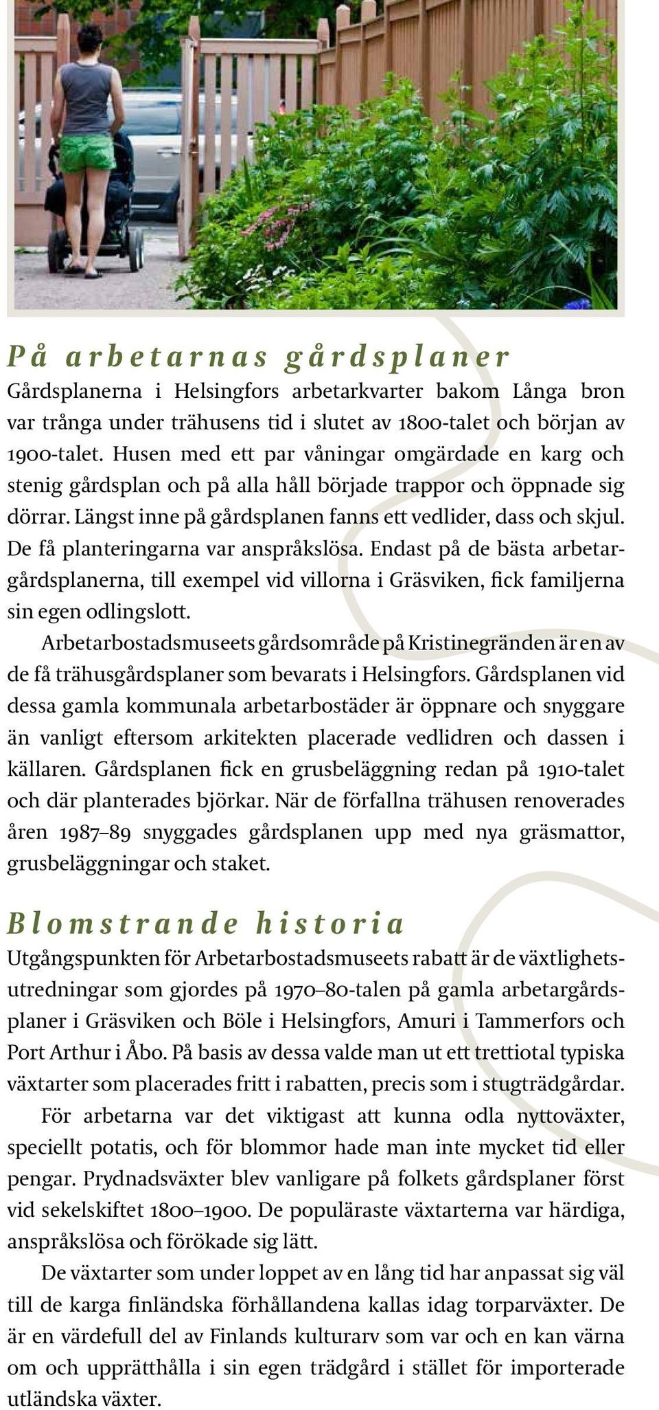 De få planteringarna var anspråkslösa. Endast på de bästa arbetargårdsplanerna, till exempel vid villorna i Gräsviken, fick familjerna sin egen odlingslott.