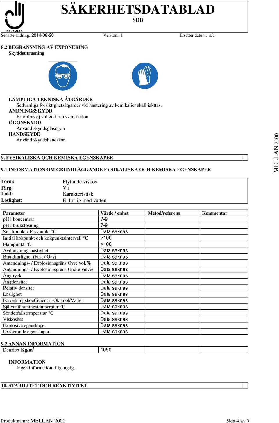 1 OM GRUNDLÄGGANDE FYSIKALISKA OCH KEMISKA EGENSKAPER Form: Färg: Lukt: Löslighet: Flytande viskös Vit Karakteristisk Ej löslig med vatten Parameter Värde / enhet Metod/referens Kommentar ph i