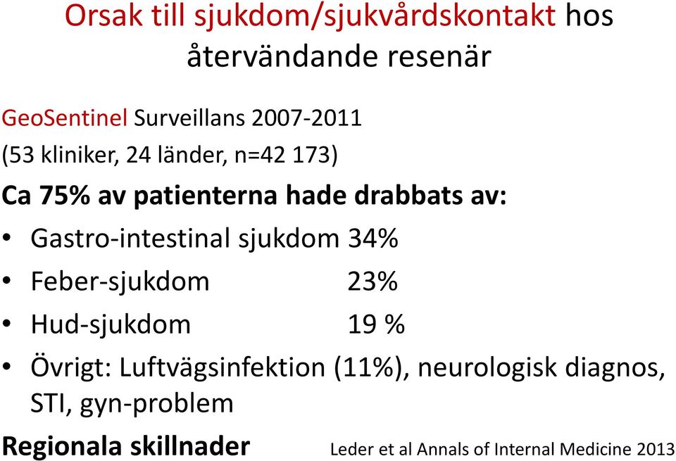 Gastro-intestinal sjukdom 34% Feber-sjukdom 23% Hud-sjukdom 19 % Övrigt: Luftvägsinfektion