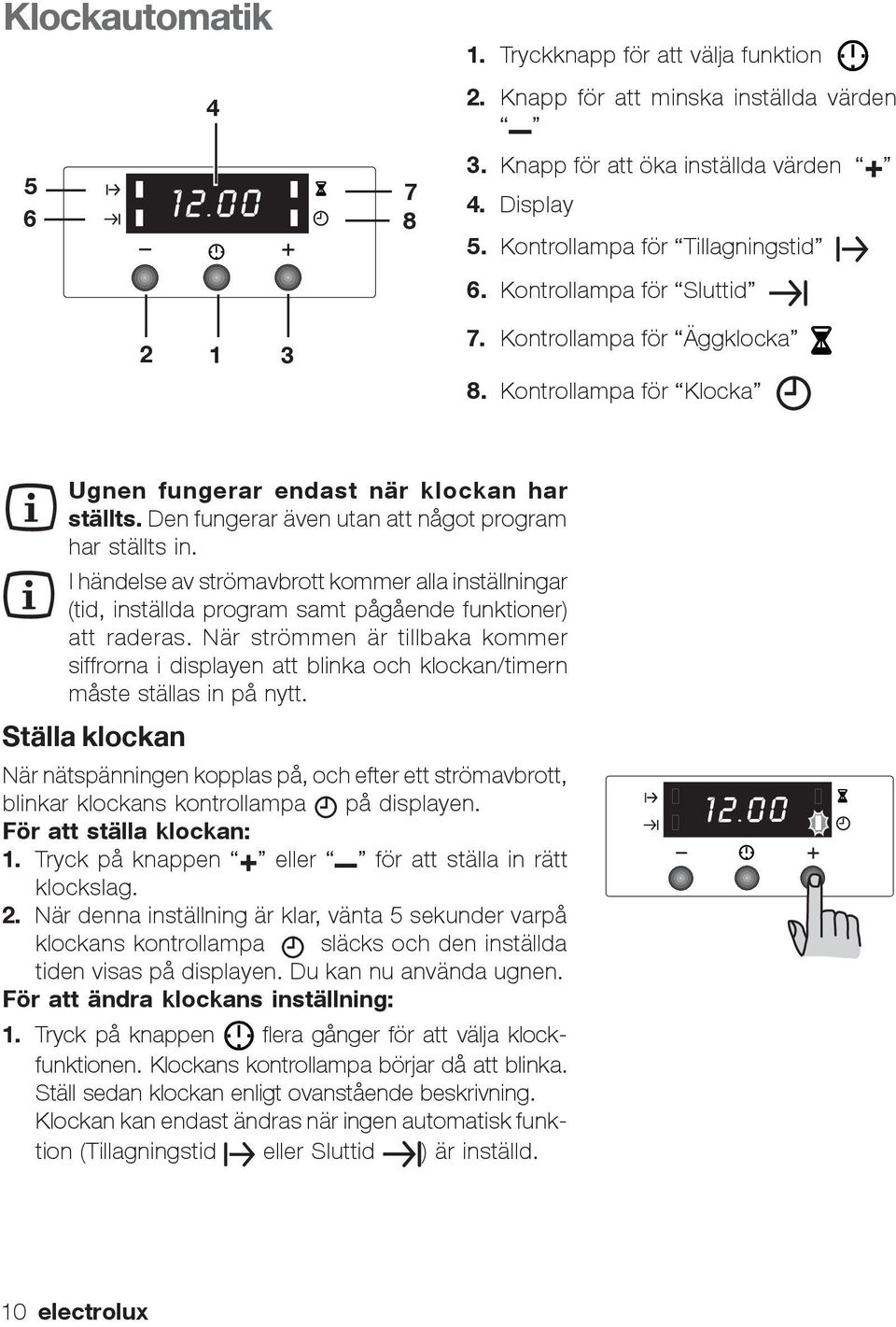 I händelse av strömavbrott kommer alla inställningar (tid, inställda program samt pågående funktioner) att raderas.