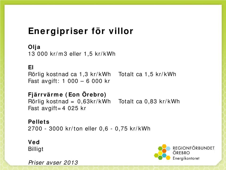 kostnad = 0,63kr/kWh Fast avgift=4 025 kr Totalt ca 1,5 kr/kwh Totalt ca 0,83