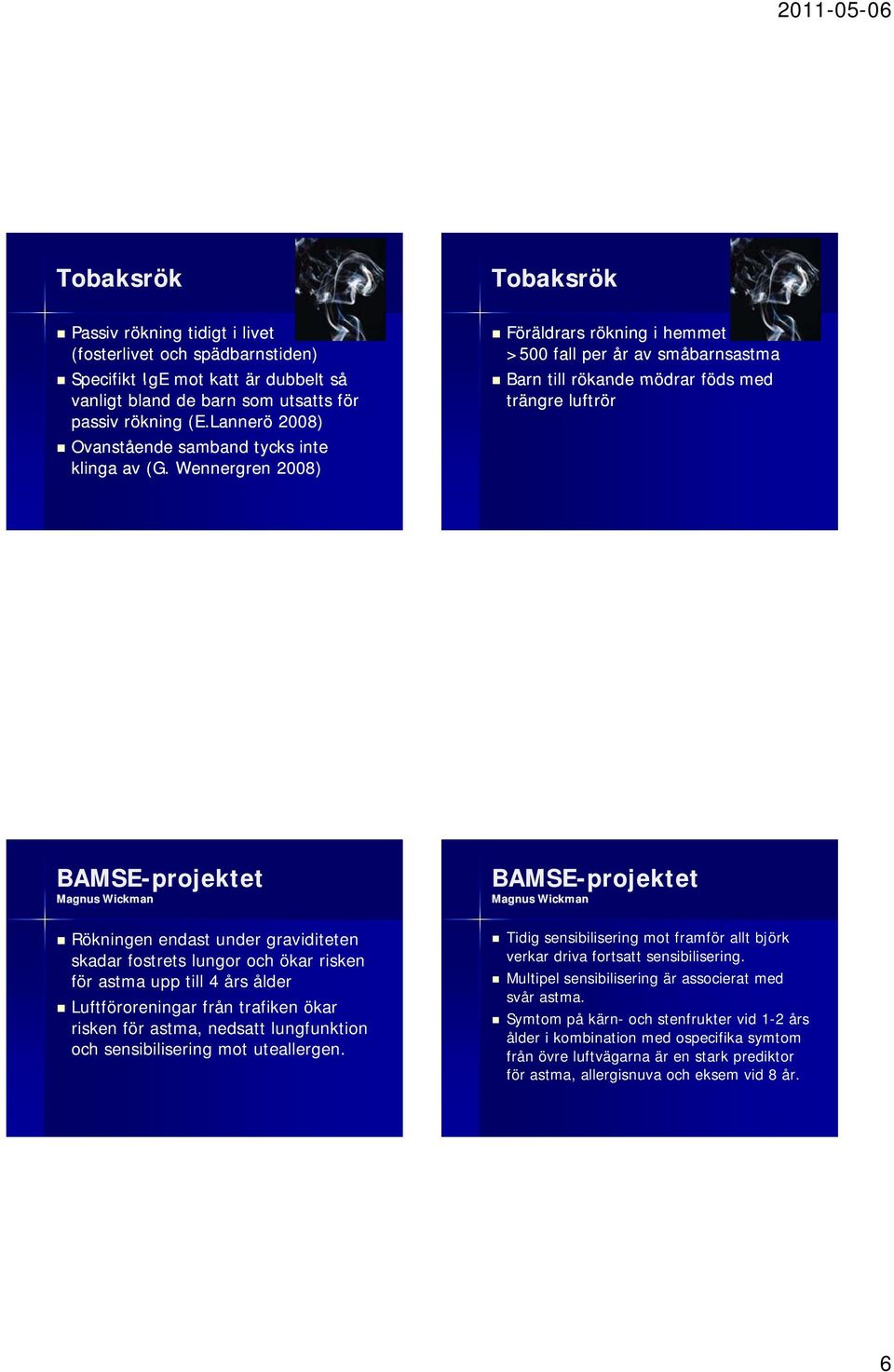 Wennergren 2008) Tobaksrök Föräldrars rökning i hemmet medför >500 fall per år av småbarnsastma Barn till rökande mödrar föds med trängre luftrör BAMSE-projektet Magnus Wickman Rökningen endast under