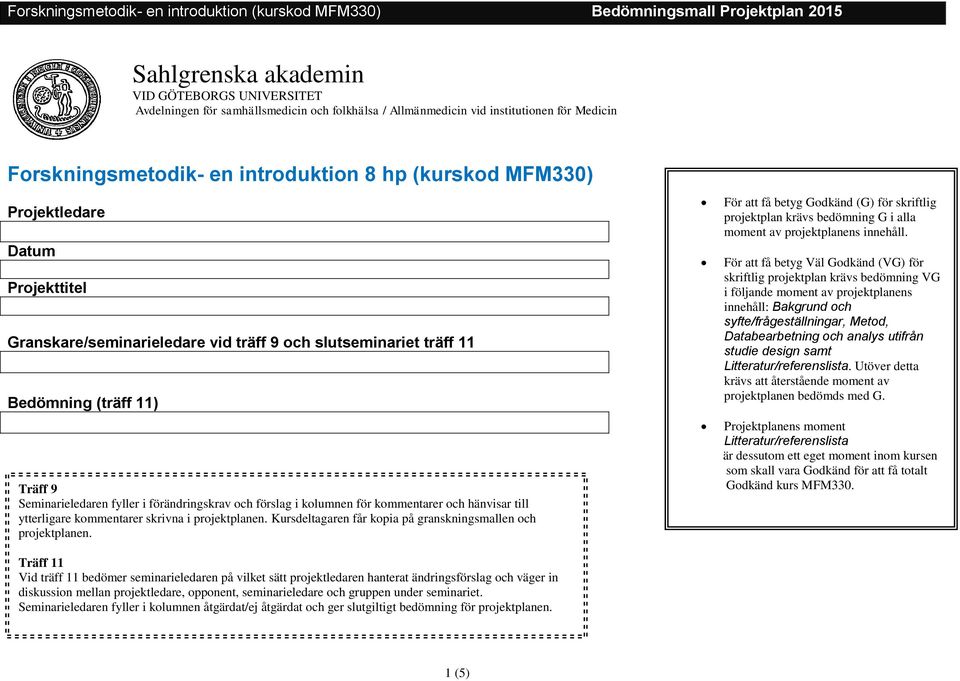 hänvisar till ytterligare kommentarer skrivna i projektplanen. Kursdeltagaren får kopia på granskningsmallen och projektplanen.