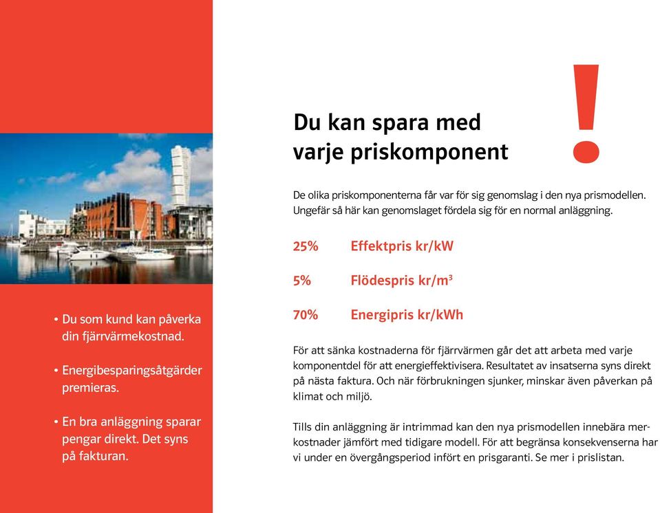 70% Energipris kr/kwh För att sänka kostnaderna för fjärrvärmen går det att arbeta med varje komponentdel för att energieffektivisera. Resultatet av insatserna syns direkt på nästa faktura.