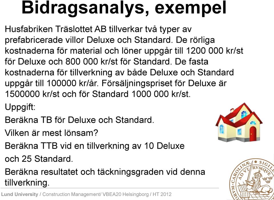 De fasta kostnaderna för tillverkning av både Deluxe och Standard uppgår till 100000 kr/år.