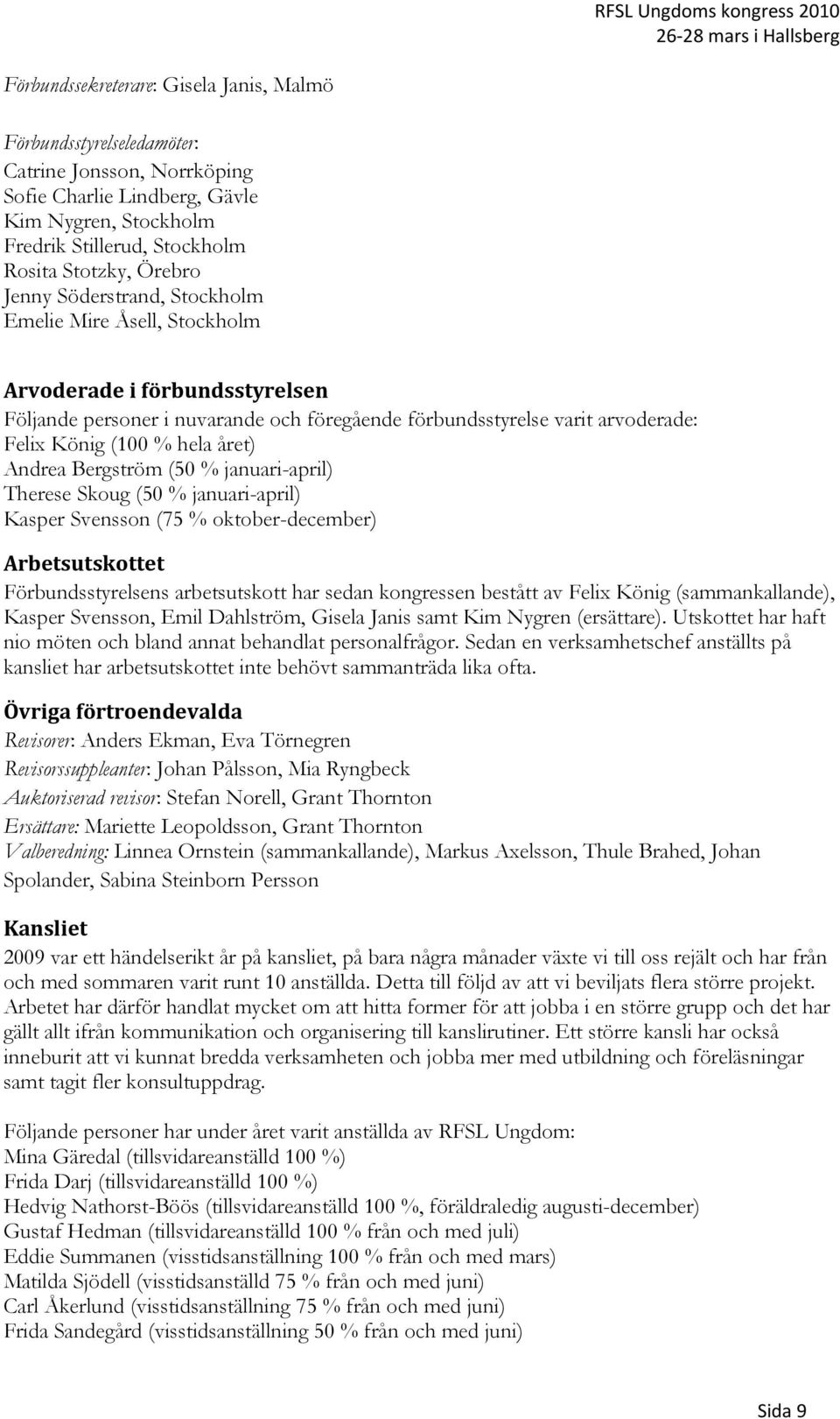 Andrea Bergström (0 % januari-april) Therese Skoug (0 % januari-april) Kasper Svensson (7 % oktober-december) Arbetsutskottet Förbundsstyrelsens arbetsutskott har sedan kongressen bestått av Felix