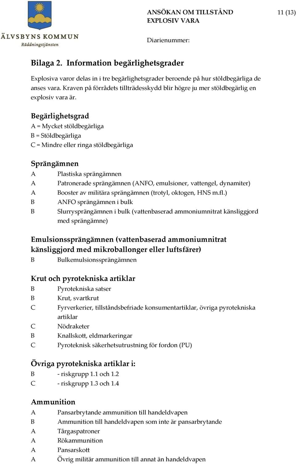 egärlighetsgrad = Mycket stöldbegärliga = Stöldbegärliga C = Mindre eller ringa stöldbegärliga Sprängämnen Plastiska sprängämnen Patronerade sprängämnen (NFO, emulsioner, vattengel, dynamiter) ooster