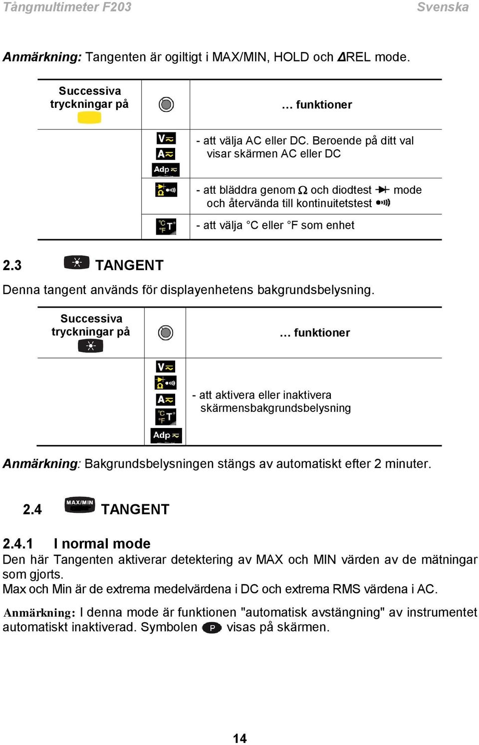 3 TANGENT Denna tangent används för displayenhetens bakgrundsbelysning.