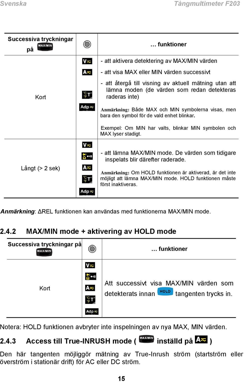 Exempel: Om MIN har valts, blinkar MIN symbolen och MAX lyser stadigt. Långt (> 2 sek) - att lämna MAX/MIN mode. De värden som tidigare inspelats blir därefter raderade.