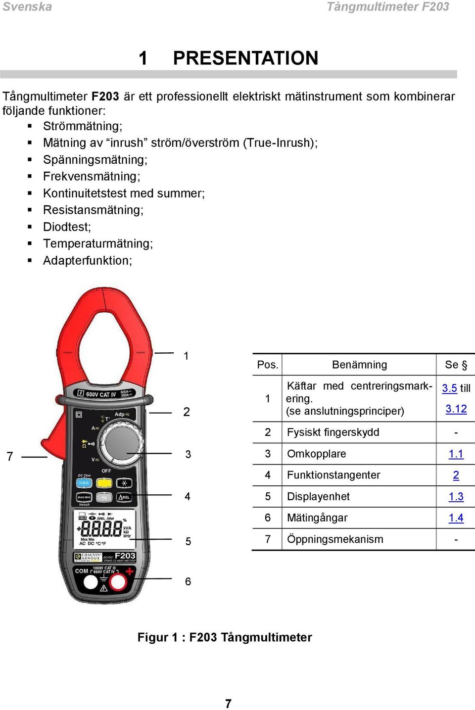 Diodtest; Temperaturmätning; Adapterfunktion; 7 1 2 3 4 5 Pos. Benämning Se 1 Käftar med centreringsmarkering. (se anslutningsprinciper) 3.5 till 3.