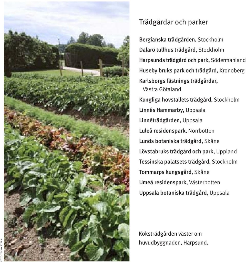 Uppsala Luleå residenspark, Norrbotten Lunds botaniska trädgård, Skåne Lövstabruks trädgård och park, Uppland Tessinska palatsets trädgård, Stockholm