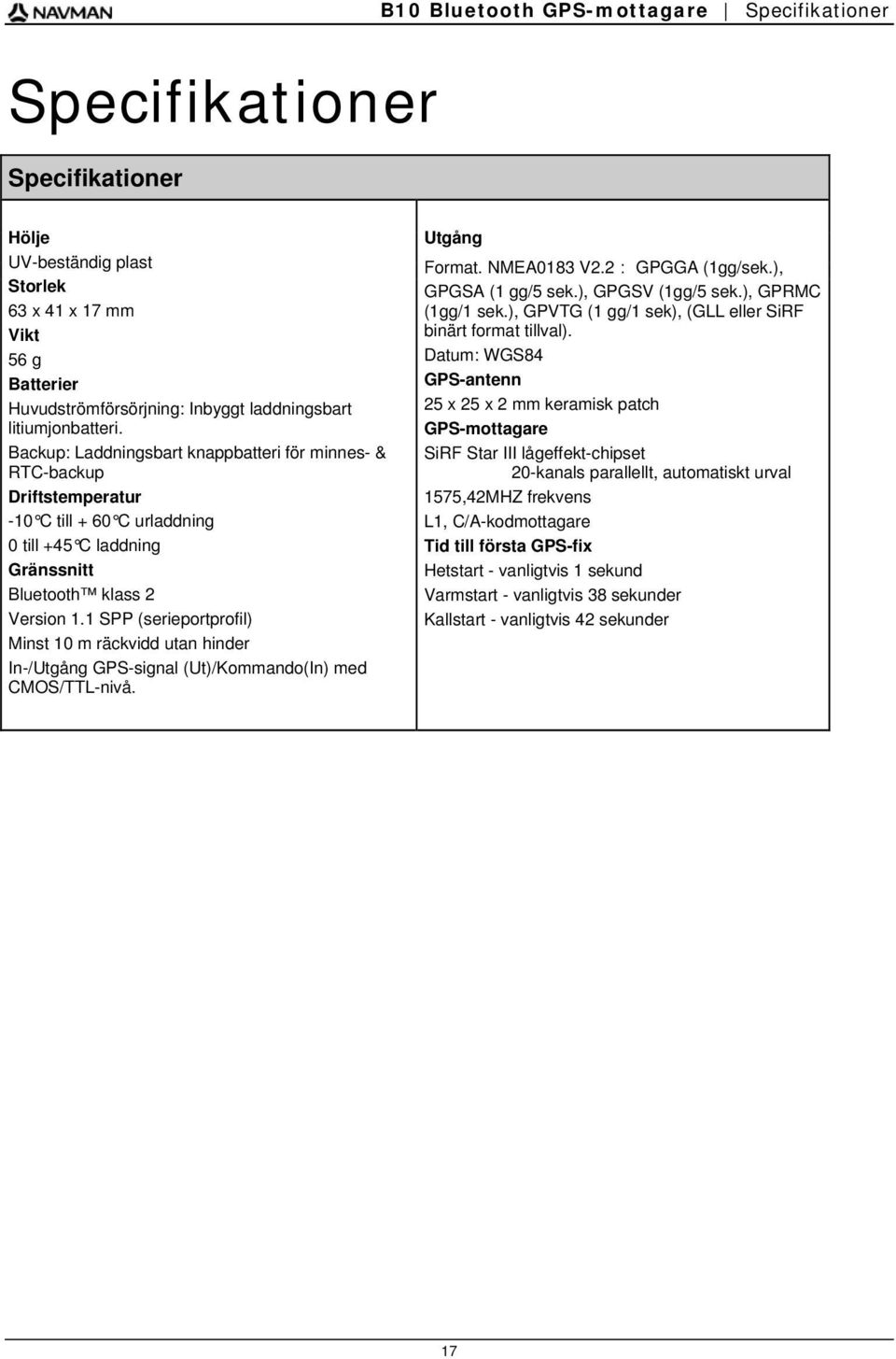 1 SPP (serieportprofil) Minst 10 m räckvidd utan hinder In-/Utgång GPS-signal (Ut)/Kommando(In) med CMOS/TTL-nivå. Utgång Format. NMEA0183 V2.2: GPGGA (1gg/sek.), GPGSA (1 gg/5 sek.