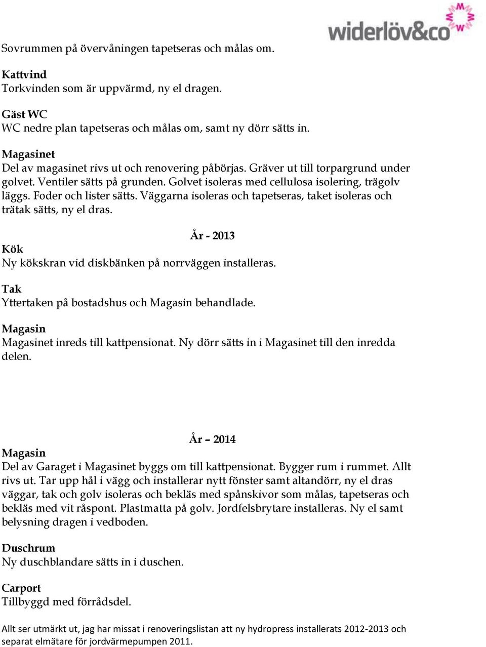 Foder och lister sätts. Väggarna isoleras och tapetseras, taket isoleras och trätak sätts, ny el dras. År - 2013 Kök Ny kökskran vid diskbänken på norrväggen installeras.