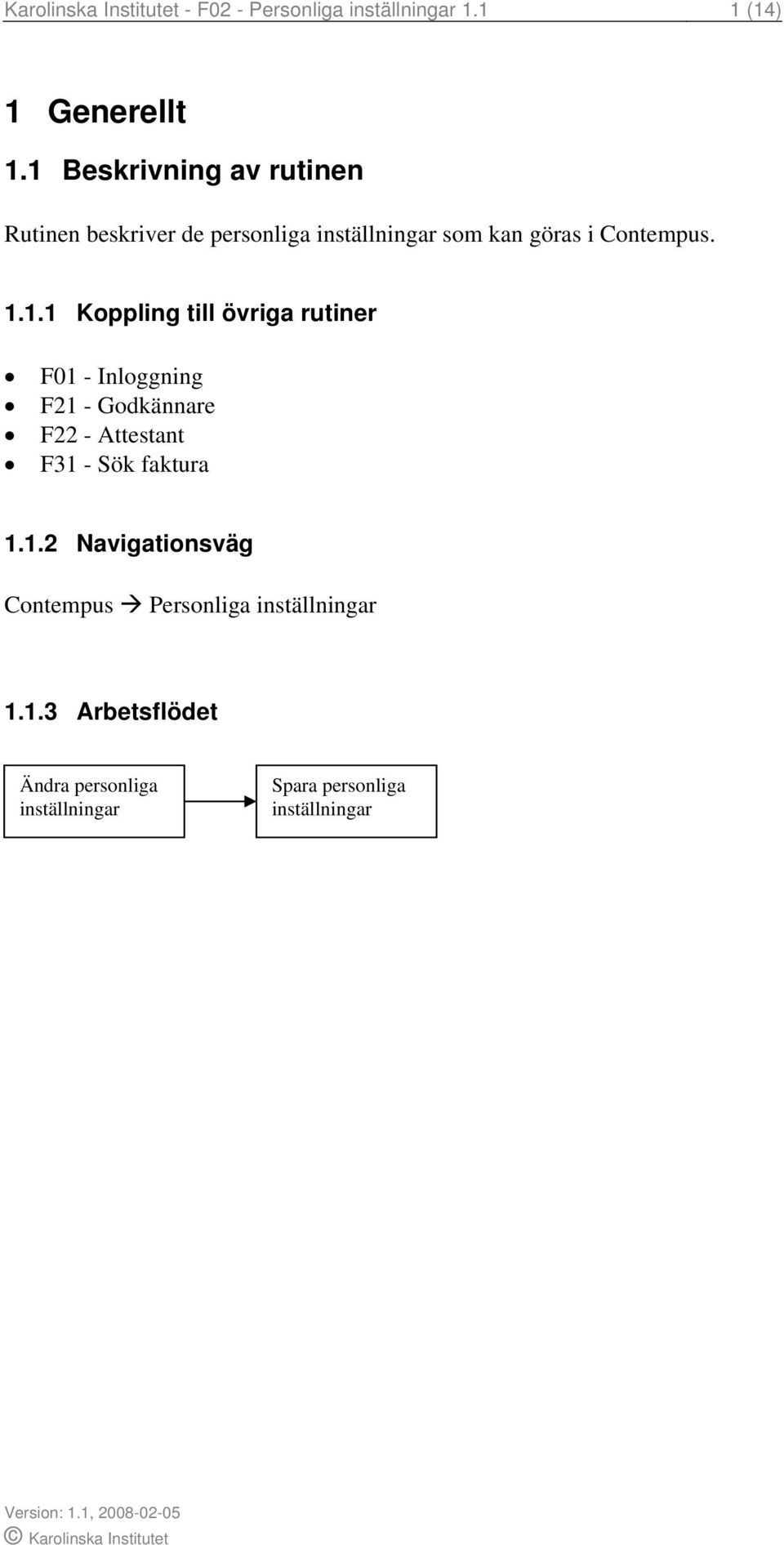 1.2 Navigationsväg Contempus Personliga inställningar 1.1.3 Arbetsflödet Ändra personliga inställningar Spara personliga inställningar