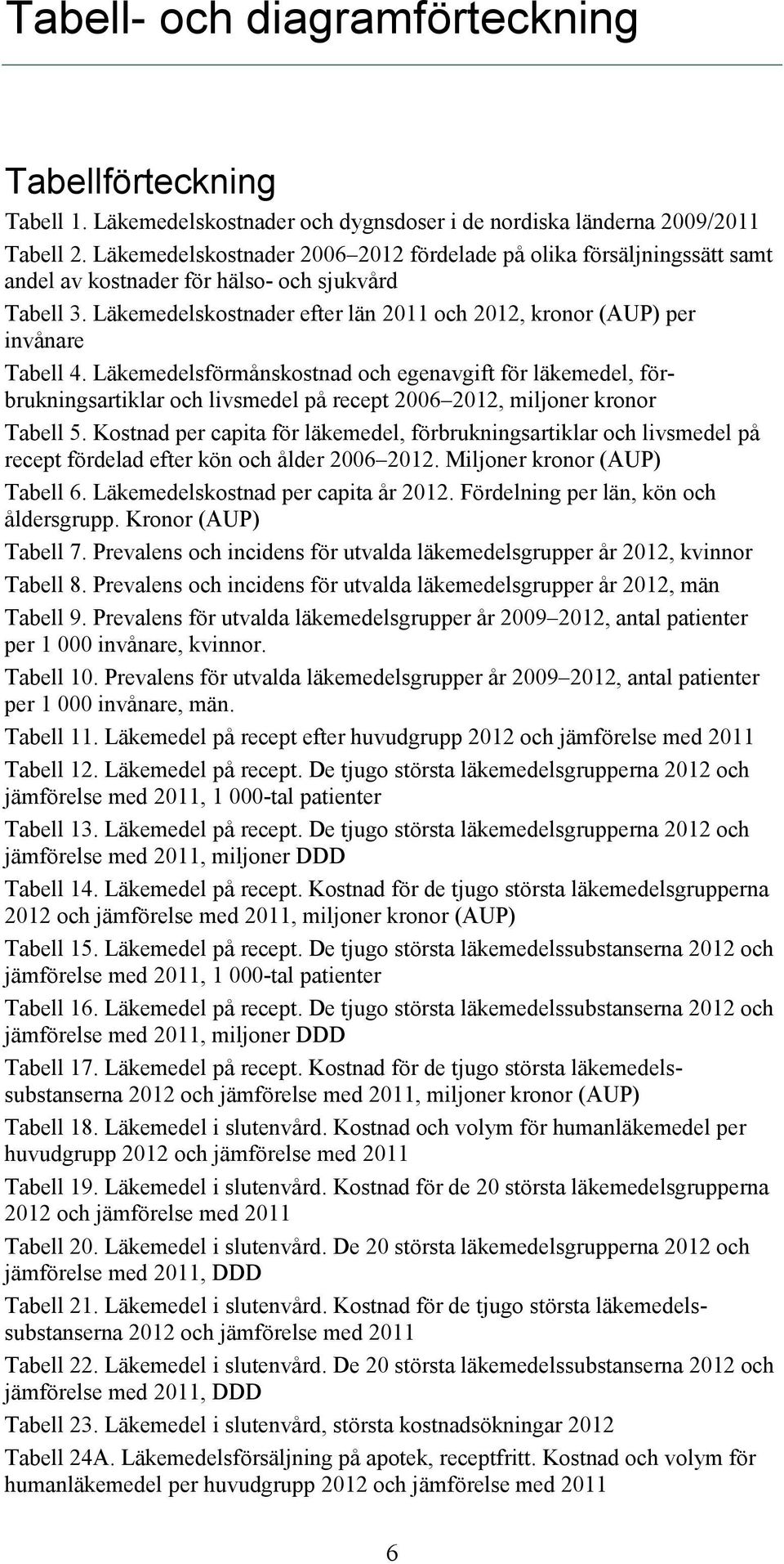 Läkemedelskostnader efter län 2011 och 2012, kronor (AUP) per invånare Tabell 4. och egenavgift för läkemedel, förbrukningsartiklar och livsmedel på 2006 2012, miljoner kronor Tabell 5.